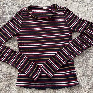 Garage Y2K Ribbed Striped Long Sleeve Top Fitted Navy Red Baby Tee Style Small